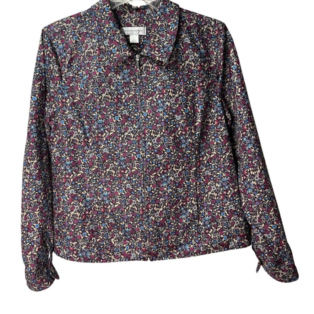 CHRISTOPHER & BANKS Light Full Front Zip Floral Denim Jacket Size M